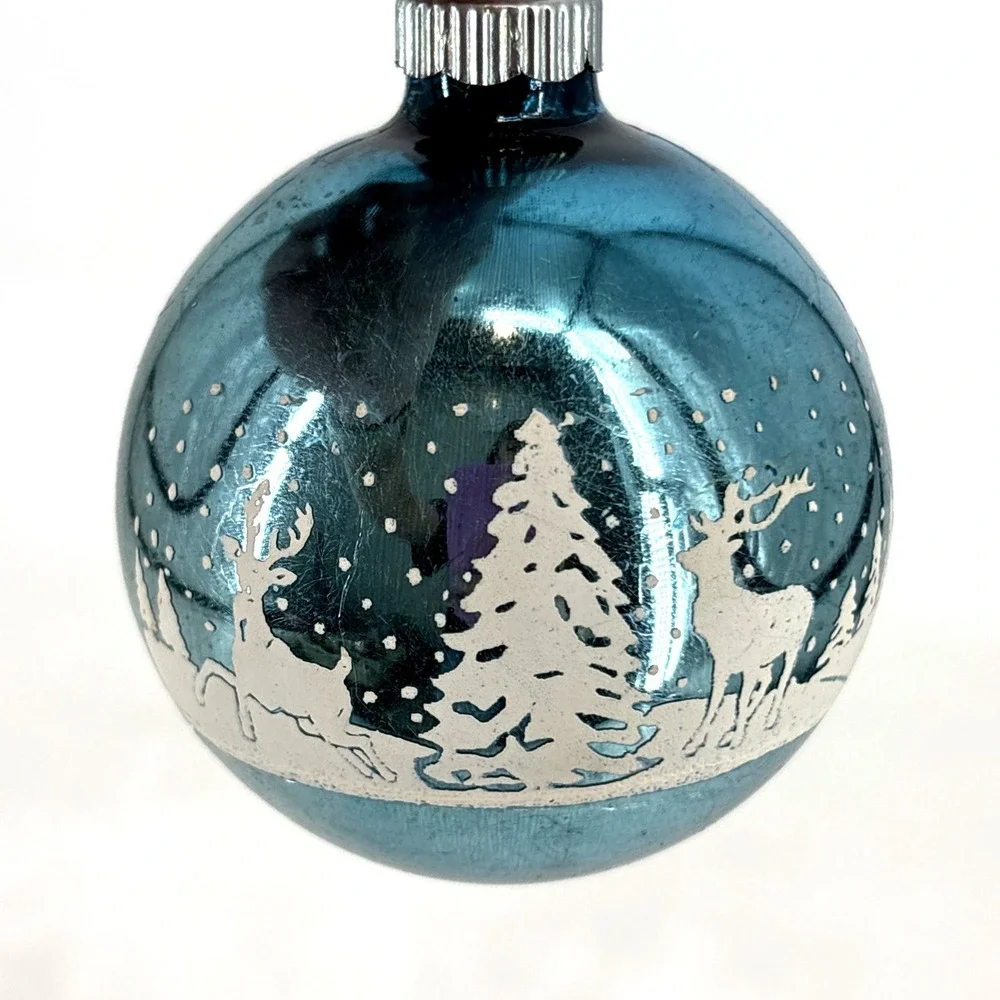 Vintage SHINY BRITE Christmas Ornament Winter Wonderland Deer‎ Trees RARE COLOR